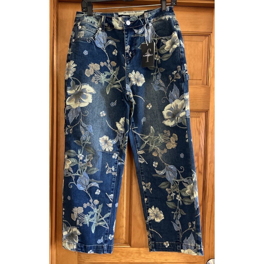 Flamingals Women's Barrel Leg Jeans Floral Print Flap Pockets Sz Medium